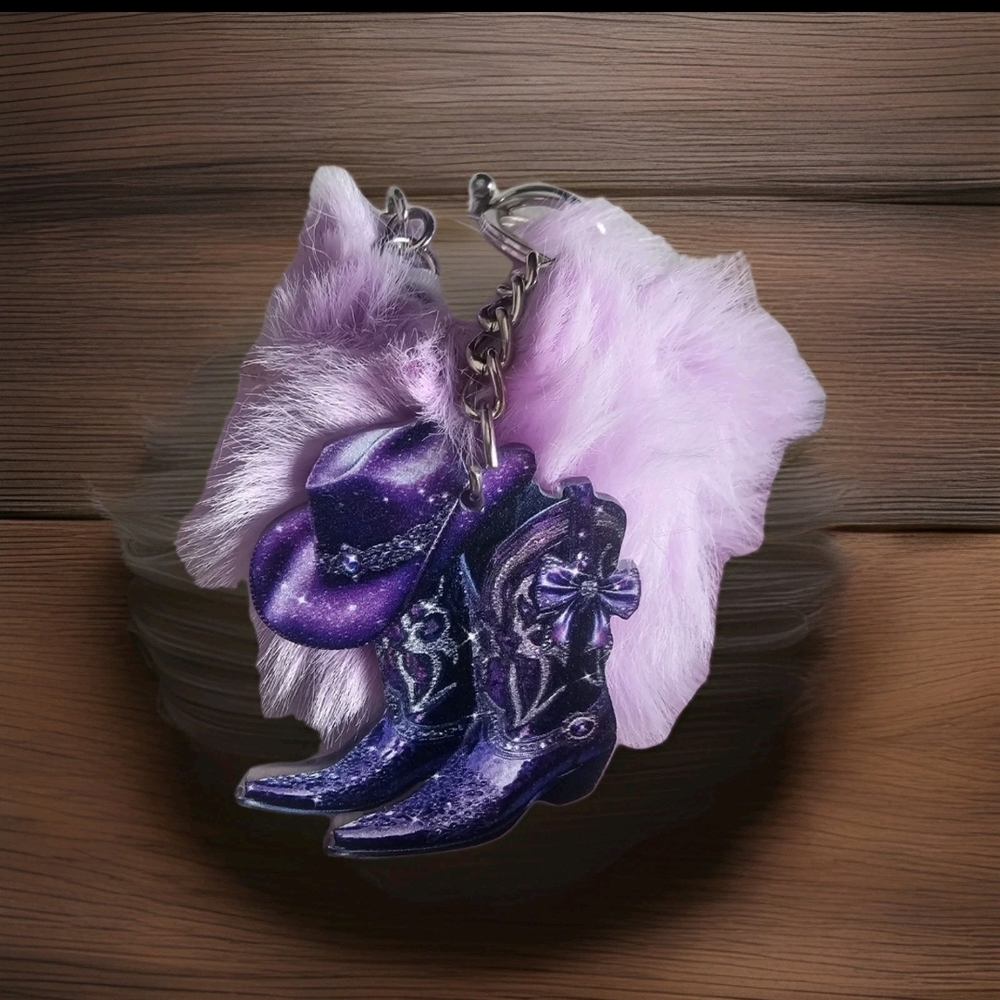 Cowgirl Boot Keychain 2D with Puff Ball- Various Colors To Choose -NWOT